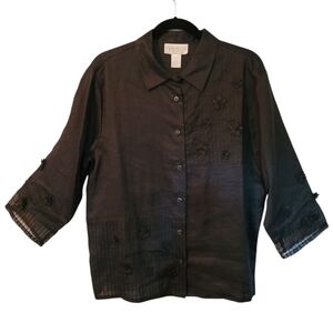 Jordan Black Linen Button-up Blouse 3/4 Sleeves Beaded Lace Floral Appliques L